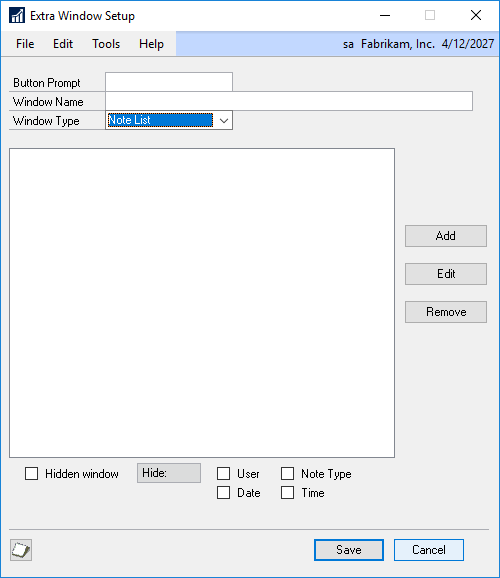 Form Extra Window Setup Note List