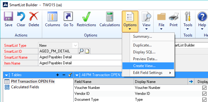Create View selection